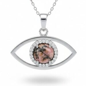 Evil Eye Rhodonite Crystal Necklace Sterling‎ Silver CZ Pendant